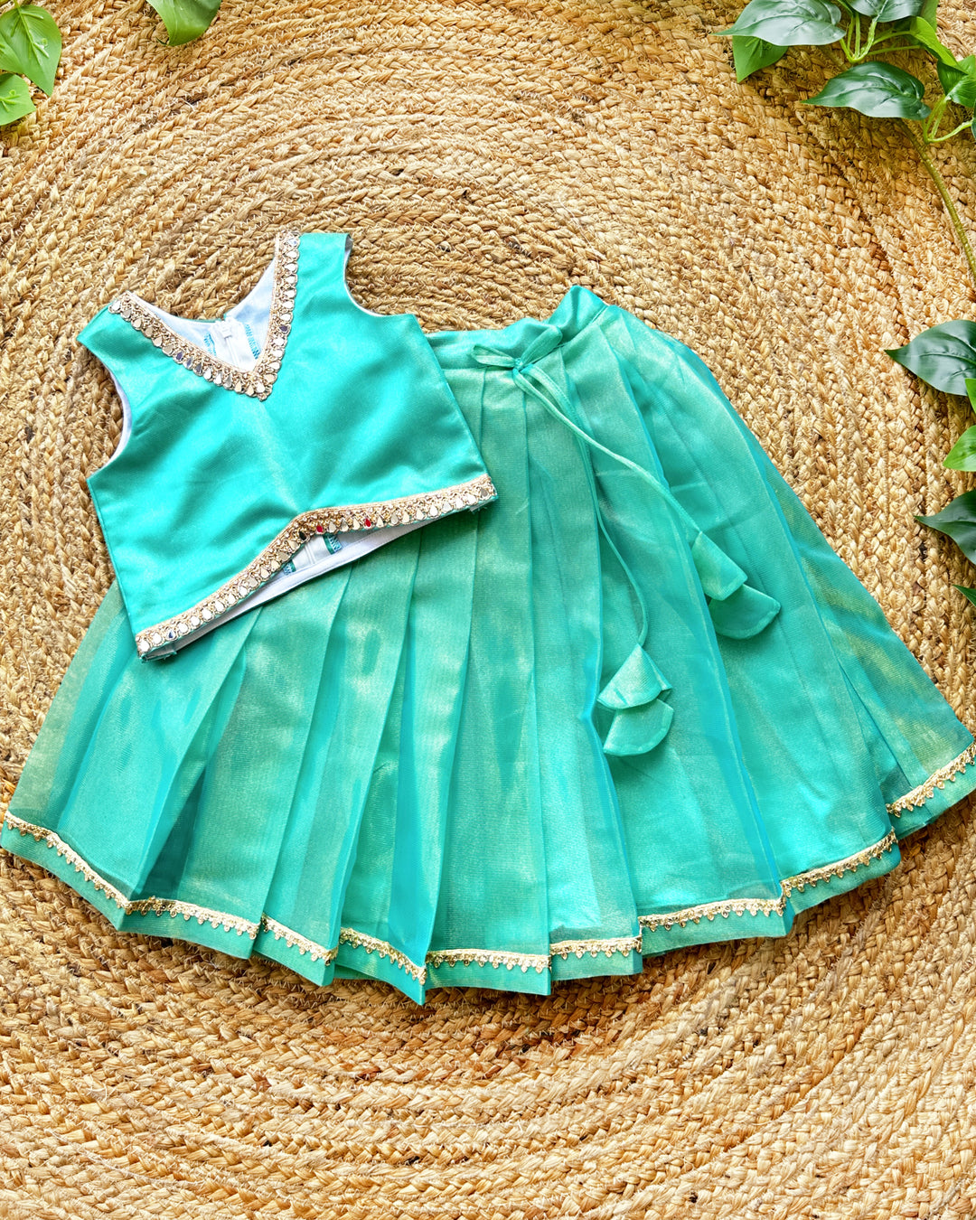 Rama green silk baby girls birthday dress, ethnic lehenga choli, kids festive wear, traditional baby girl outfit