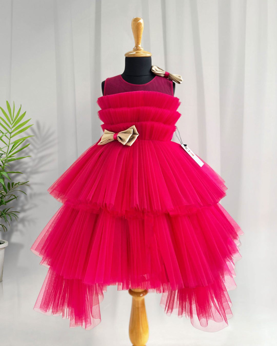 Rani pink tail frock, elegant pleated birthday dress, baby girl party wear, stylish frock for girls, pink shade kids frock