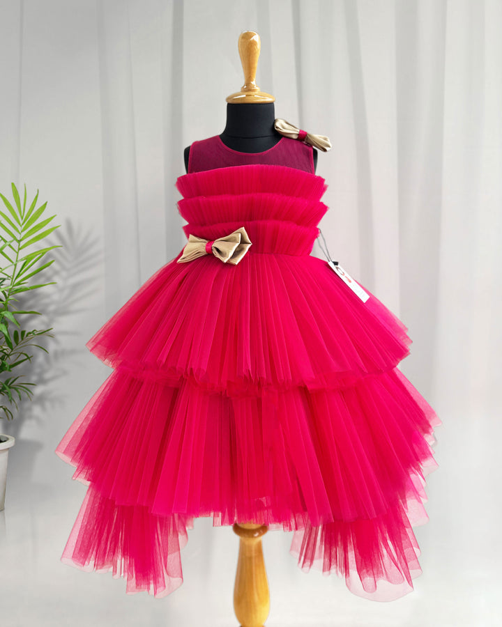 Rani pink tail frock, elegant pleated birthday dress, baby girl party wear, stylish frock for girls, pink shade kids frock