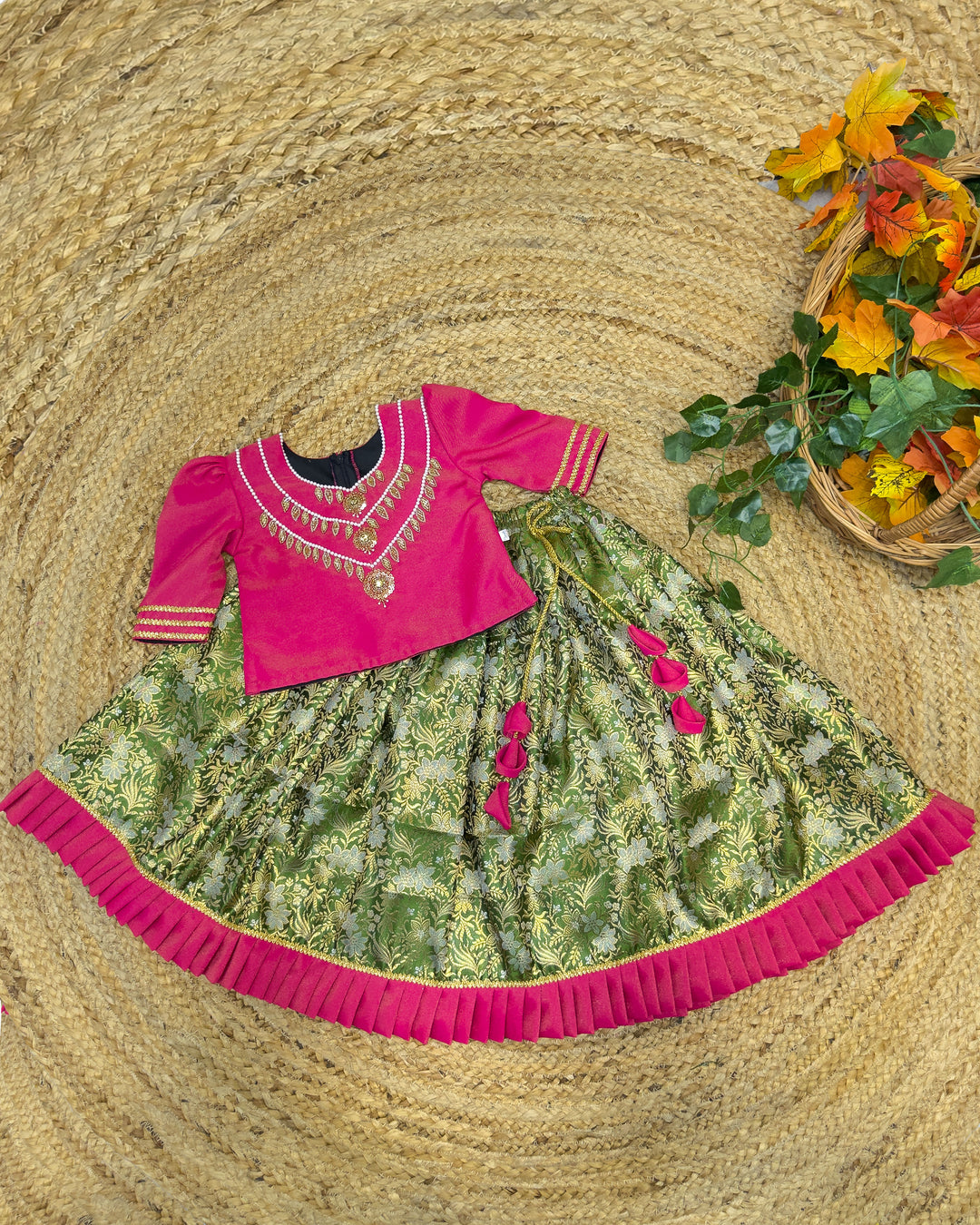 Rany Pink Pea Green Banarasi Silk Lehenga, Baby Girls Birthday Dress, Designer Handwork Lehenga Choli, Festive Partywear Dress