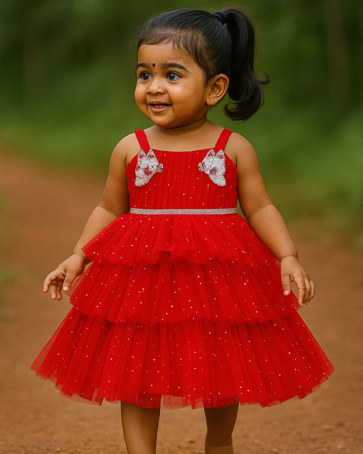 Red Glitter Butterfly Theme Birthday Dress for Baby Girls, Christmas Special Outfit, Stylish Baby Frock for Parties, Kids Elegant Birthday Dress