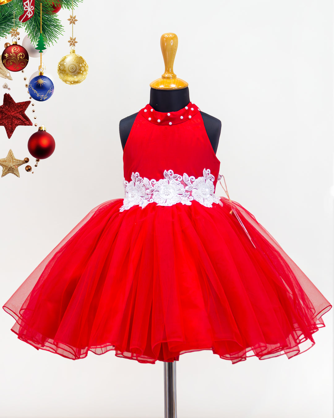 Red shade halter neck flower frock, baby girls birthday dress, party wear