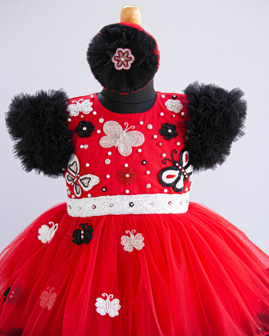 Black red butterfly theme frock front view – Stanwells Kids