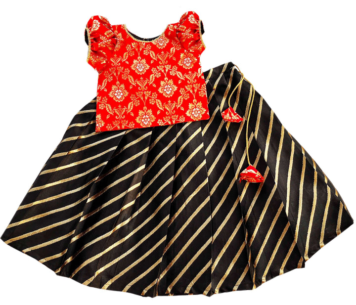 Stanwells Kids Baby Girl's Black and Red combo Pleated Silk Readymade 