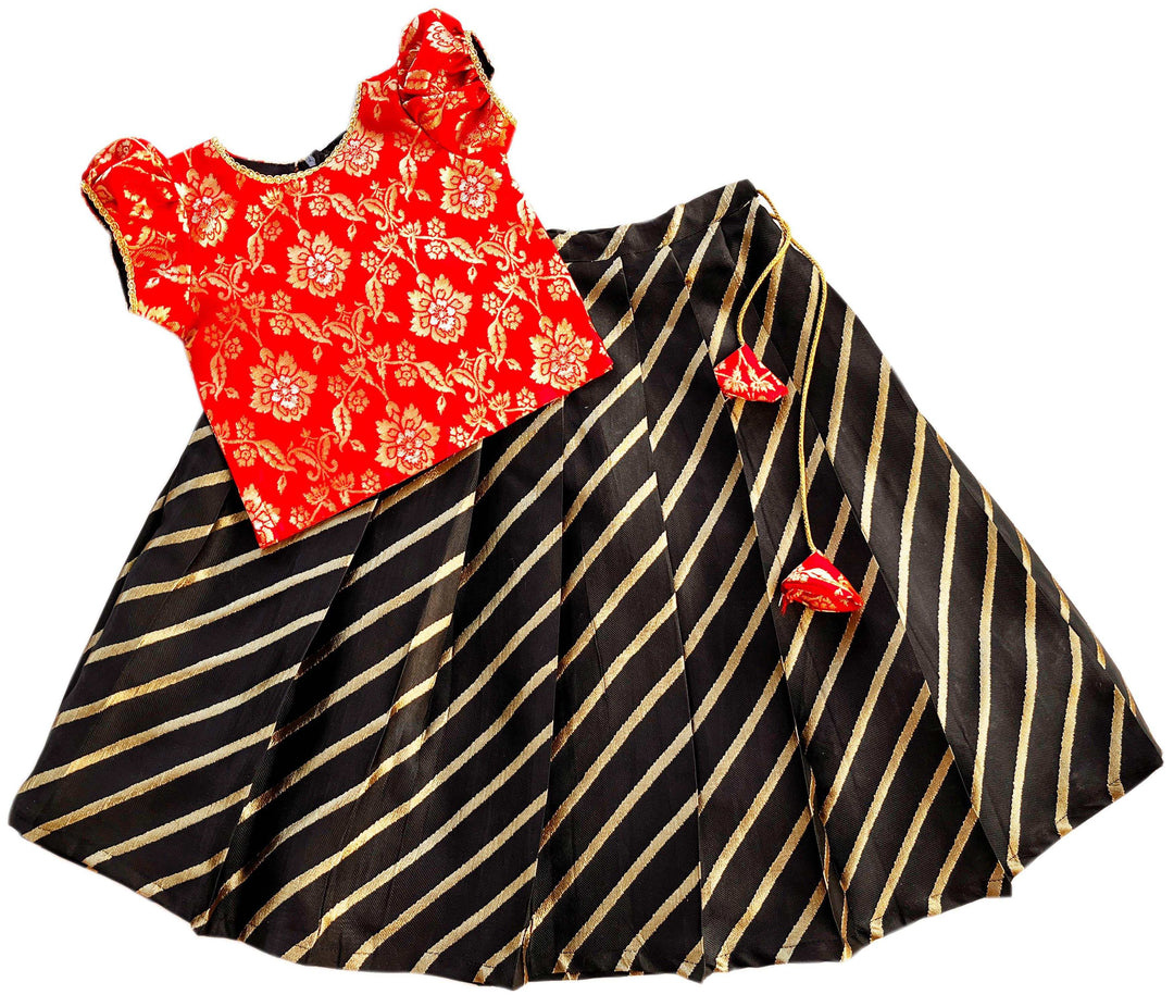 Stanwells Kids Baby Girl's Black and Red combo Pleated Silk Readymade 