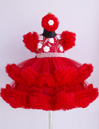 Red Shade Handwork Heavy Ruffles Baby-Girls Partywear Frock