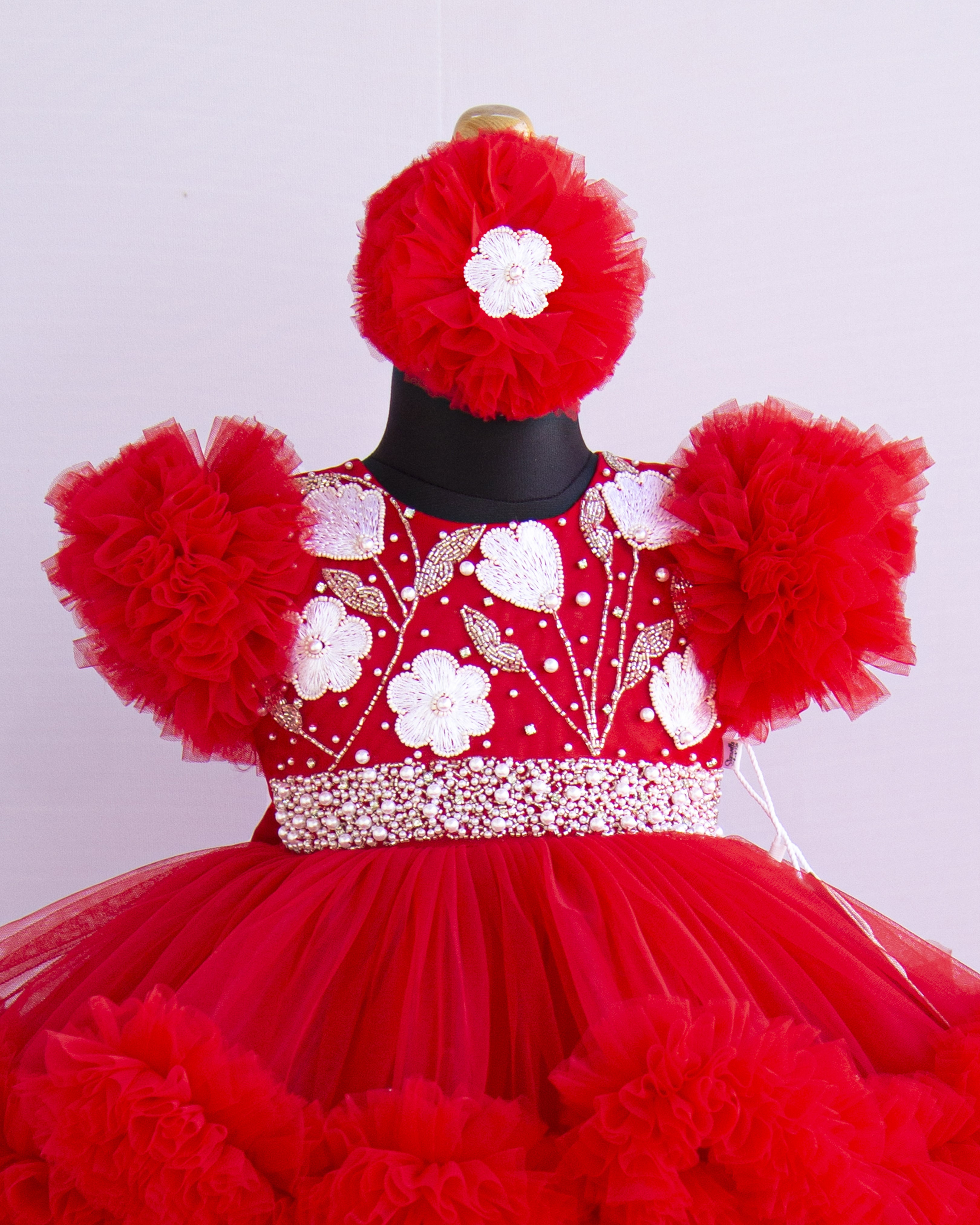 Red Shade Handwork Heavy Ruffles Baby Girls Partywear Frock Stanwells Kids