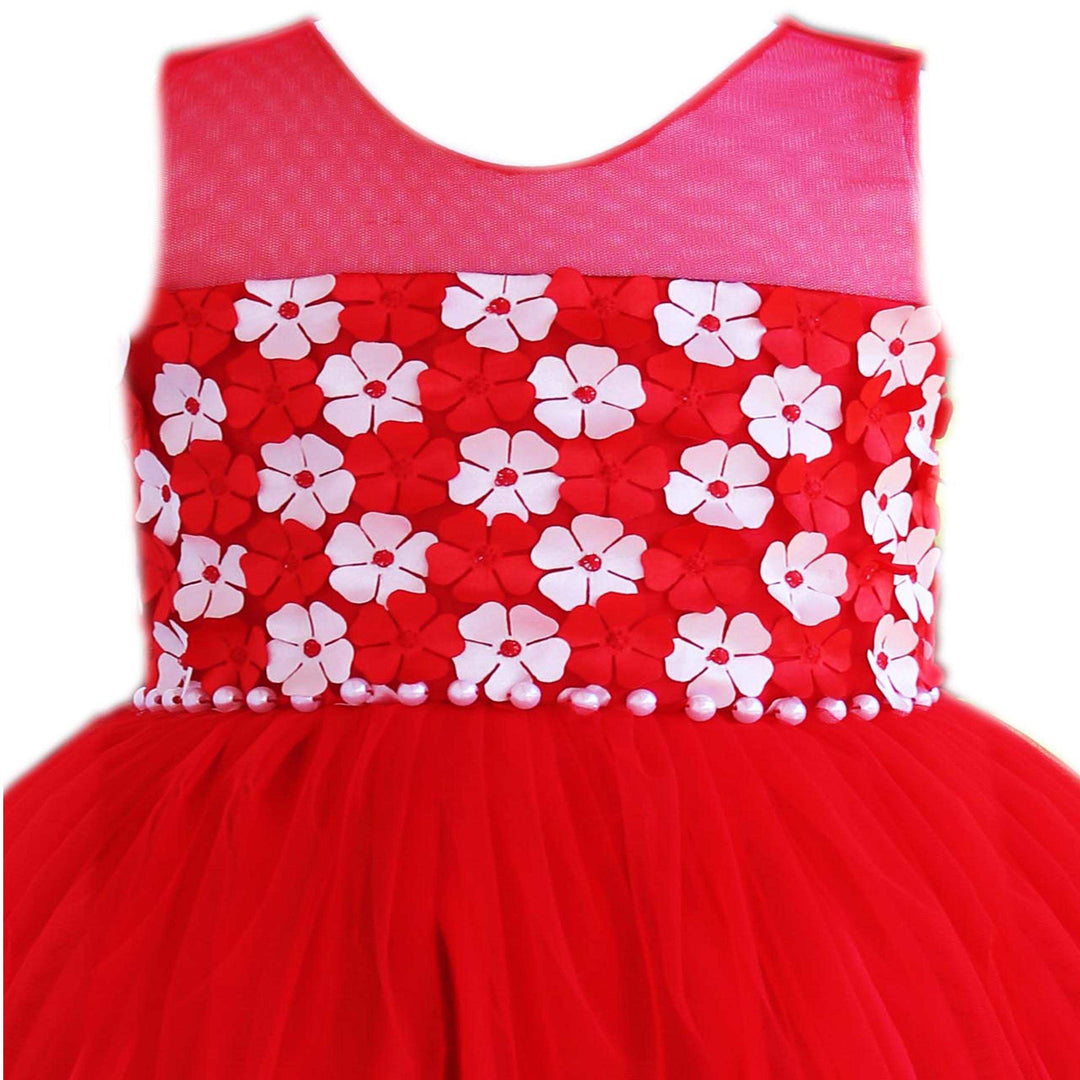 Stanwells Kids Red and White Combo Sleeveless Flower Embroidered Frock
