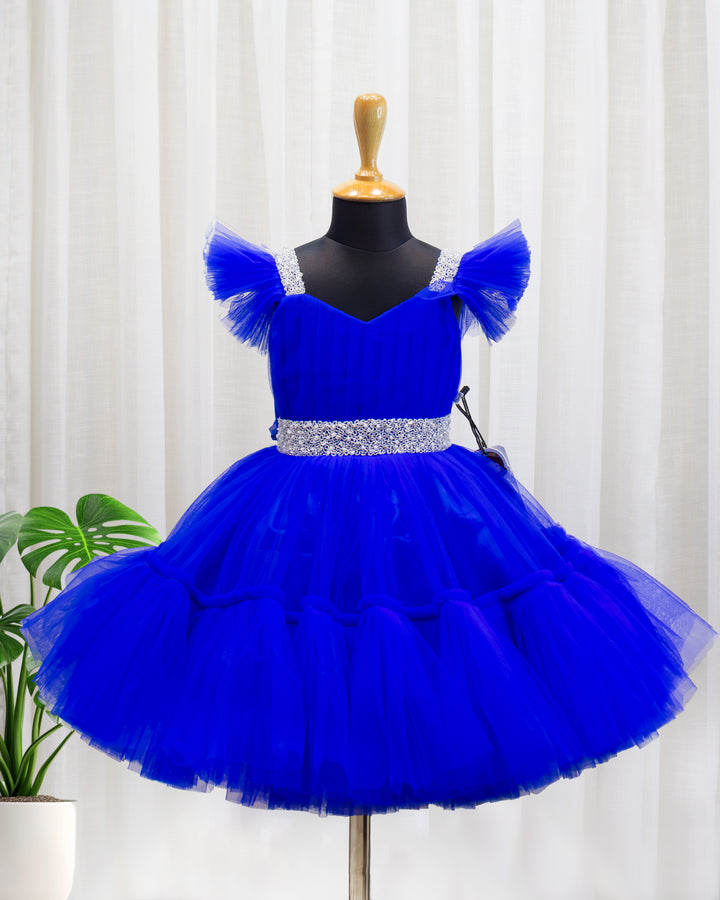 royal blue birthday dress for baby girls, handwork party wear frock, premium kids birthday outfit, baby girls royal blue frock 1st birthday, stanwells kids dress, comfortable soft lining