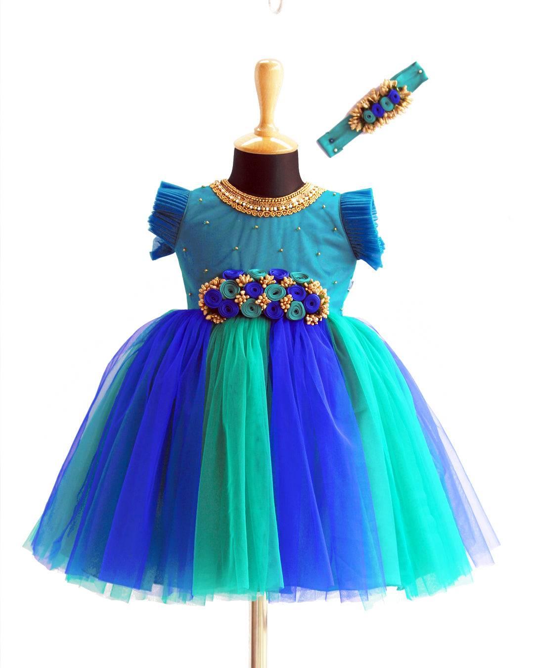 Peacock Shade Handwork Flower Frock -Sample – Stanwells Kids