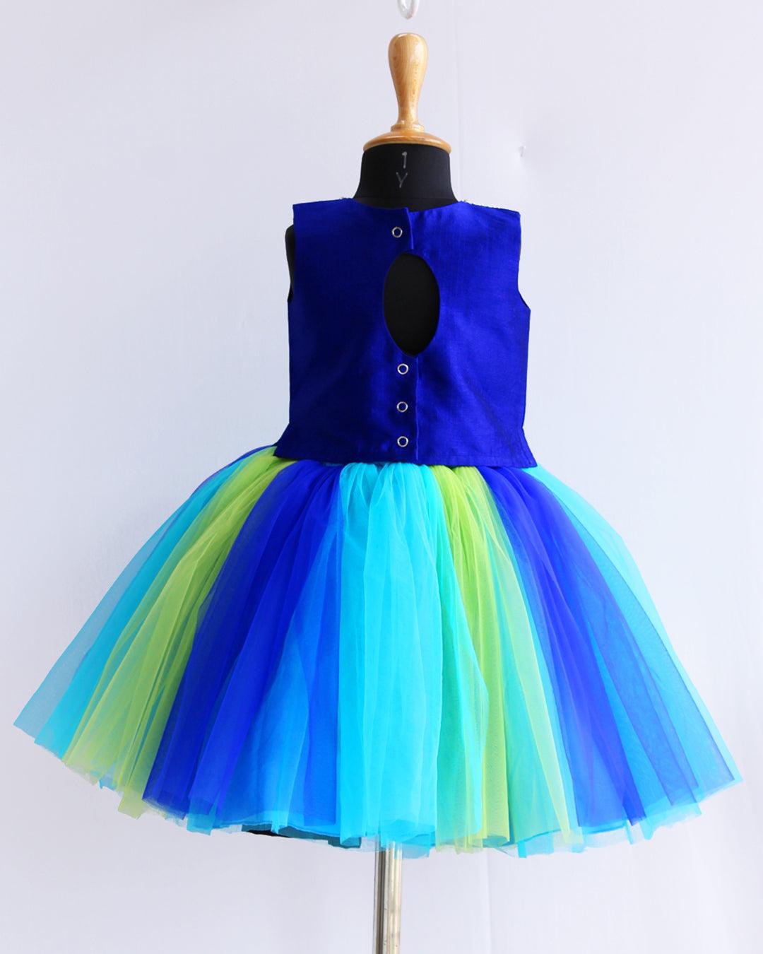 Royalblue Multi Colour Handwork Knee-length Skirt & Top
Material: Blue &amp; Green combo soft nylon net and royalblue colour blended silk fabric is used for making this beautiful skirt &amp; top .Top portion of the dress