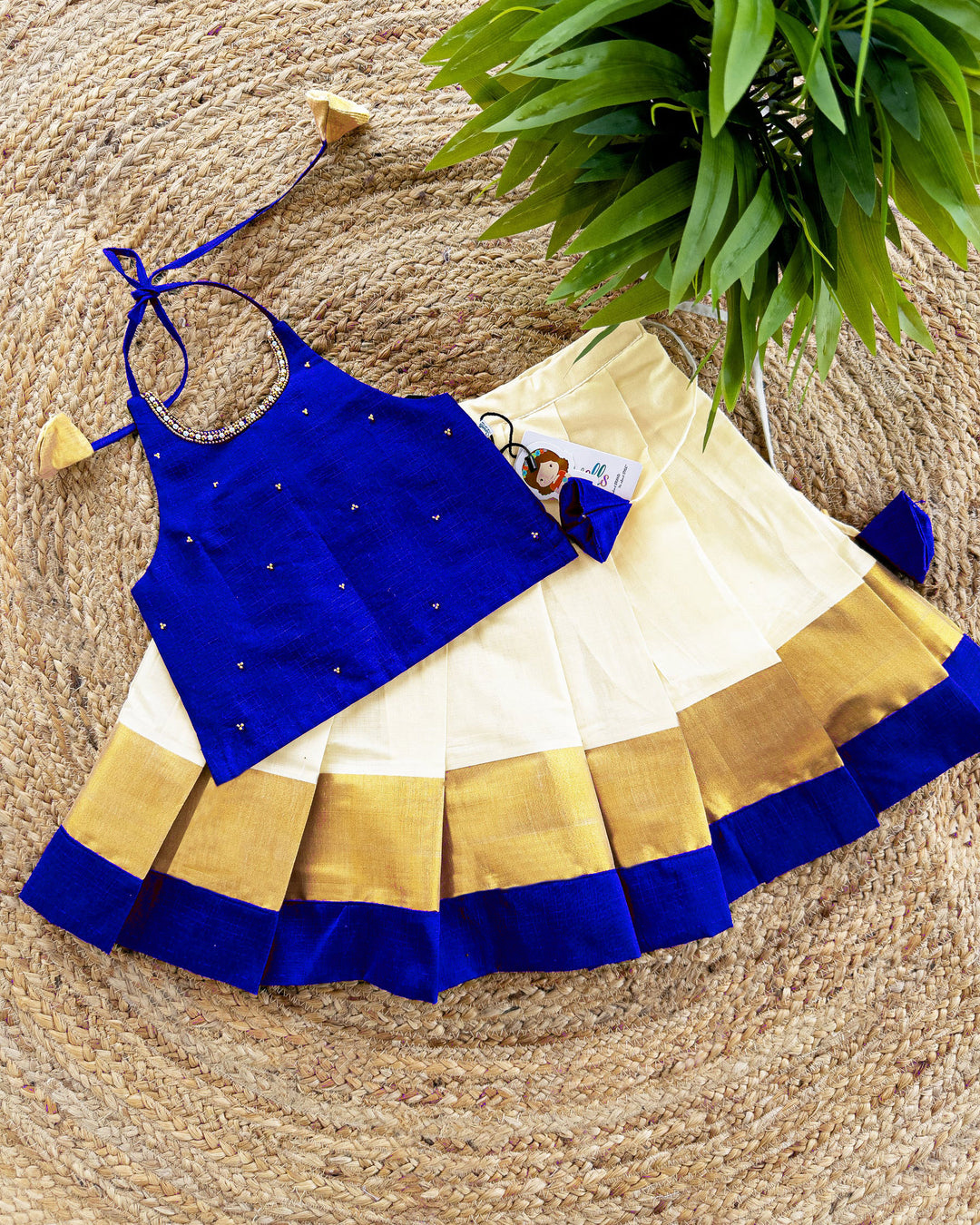 Cream Royal blue Traditional Kerala Kasavu Onam Special Lehenga Choli
