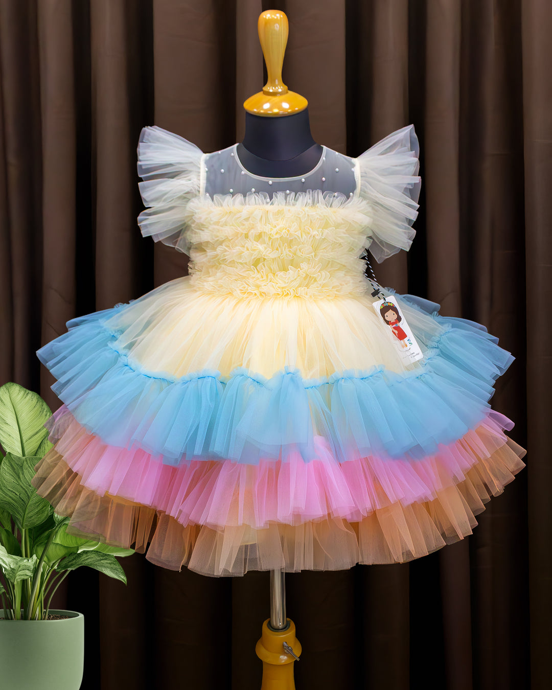 Sandal multi shade baby girl birthday dress with layered ruffles premium partywear frock for first birthday celebration photoshoot outfit