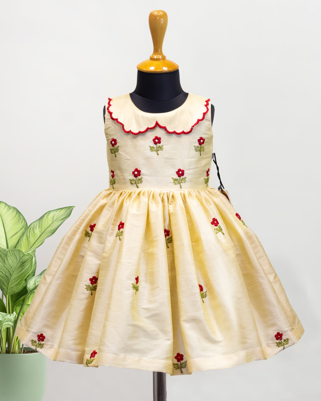 Sandal shade silk frock, rose thread embroidery dress, baby girls birthday dress, party wear frock for kids, premium kids fashion India, Stanwells Kids