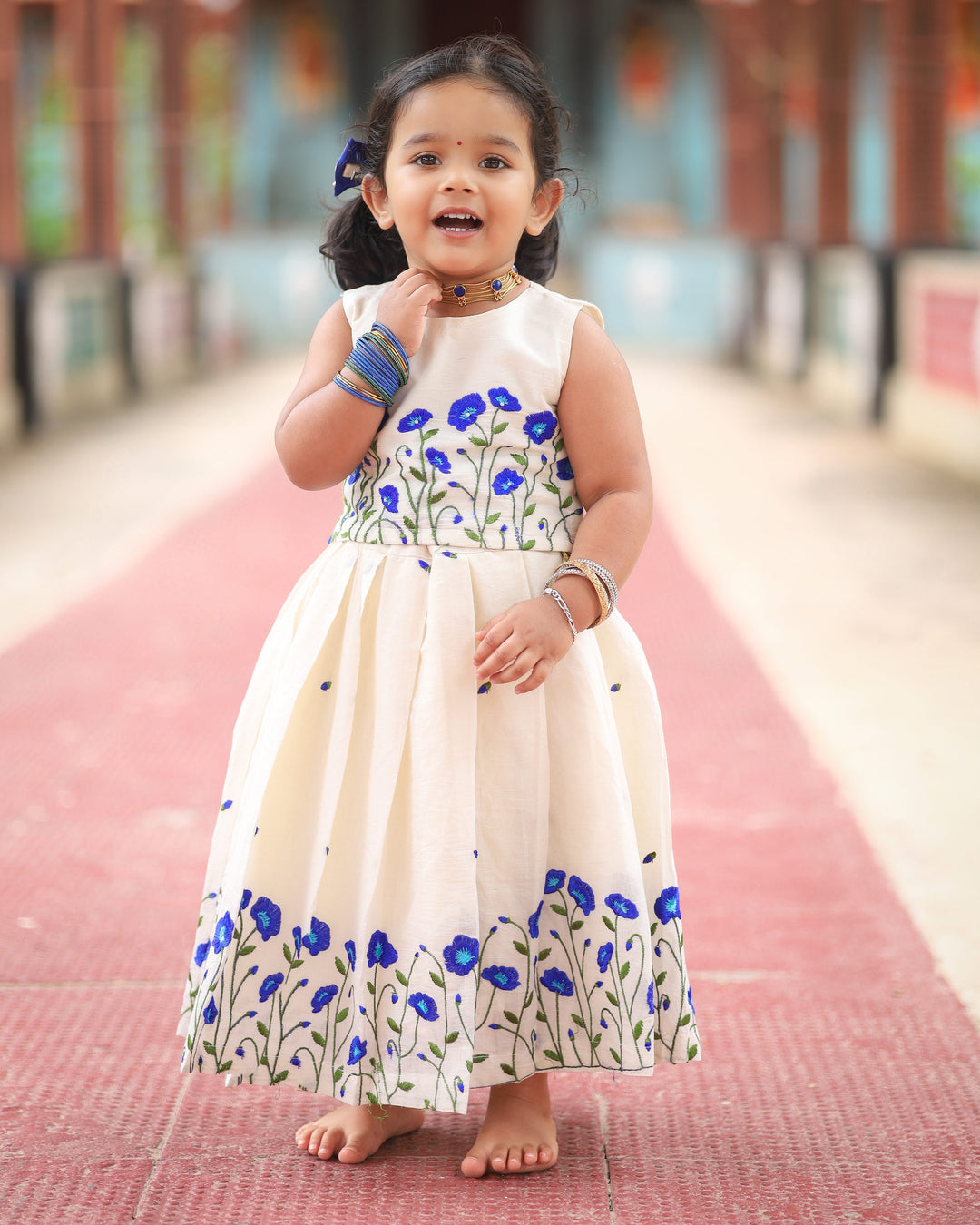 Baby girls cream blue birthday dress cotton lehenga choli with floral embroidery
