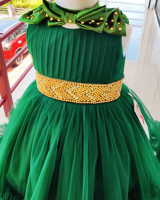Bottle green pleated shoulder bow frock front view – Stanwells Kids