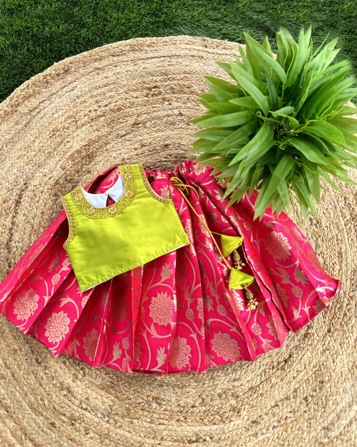 silk skirt and top online | stanwells kids | handwork pattupavadai | gagra choli for kids | pink skirt and top for girls | traditional lehenga cholis for girls | tear open blouse for back