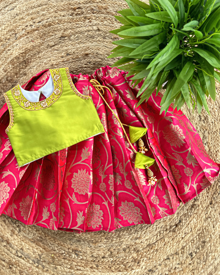 silk skirt and top online | stanwells kids | handwork pattupavadai | gagra choli for kids | pink skirt and top for girls | traditional lehenga cholis for girls | tear open blouse for back