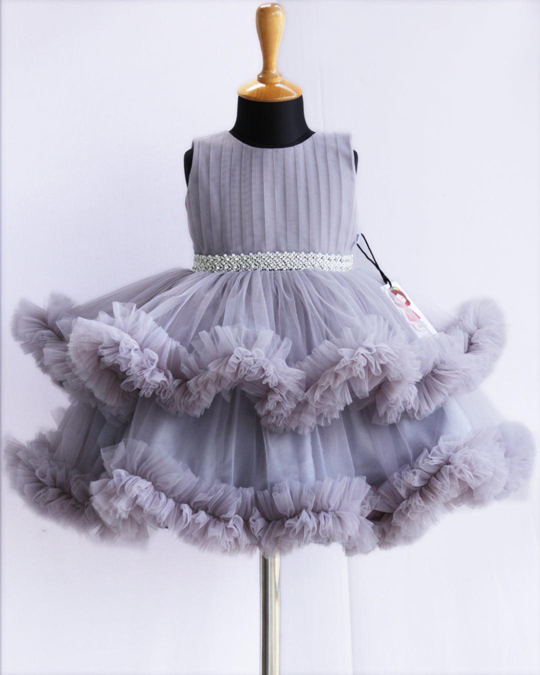 Light Grey Shade Layered Ruffles Partywear Handwork Frock - Stanwells Kids