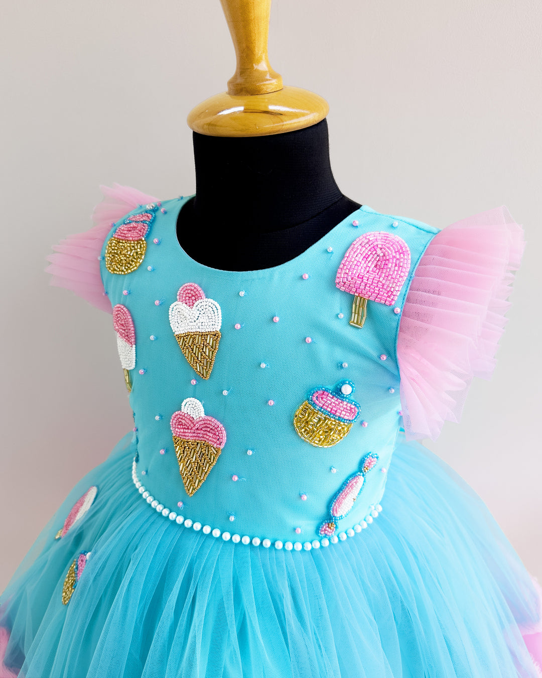 Sky Blue & Baby Pink Candy Theme Birthday Frock – Handwork Appliqué Party Dress for Baby Girls by Stanwells Kids