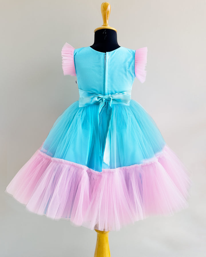 Sky Blue & Baby Pink Candy Theme Birthday Frock – Handwork Appliqué Party Dress for Baby Girls by Stanwells Kids
