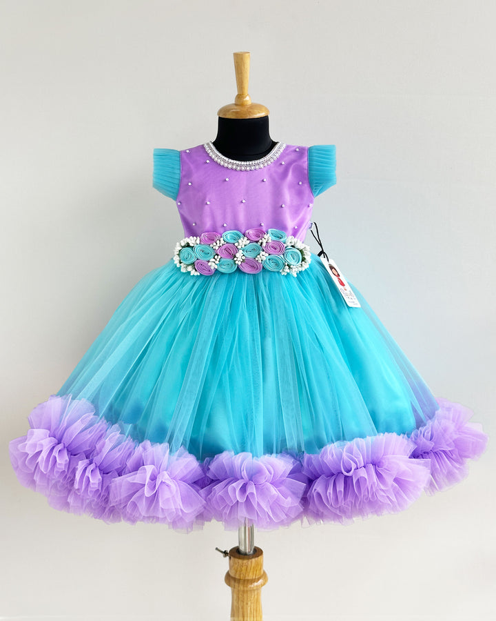 Sky blue lavender baby girls birthday dress, flower gown, designer full-length partywear, kids birthday outfit, Stanwells Kids