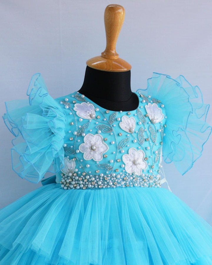 Sky Blue Handwork Pleated Partywear Baby- Girls Birthday Step Frock