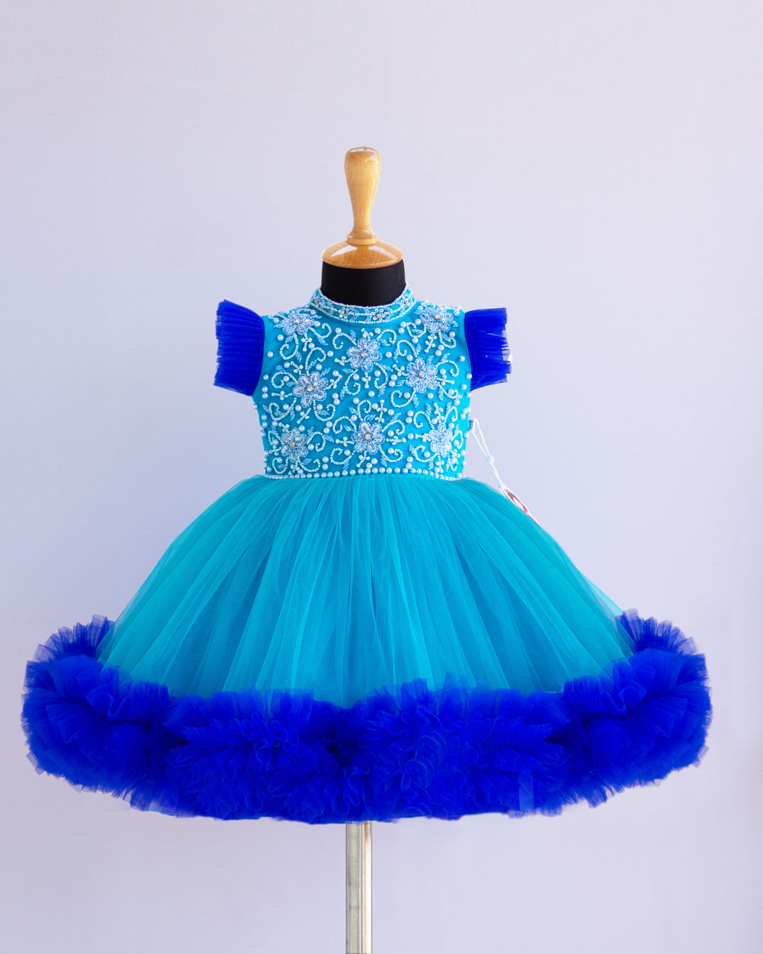 Skyblue Royal Blue Halter Neck Pattern Baby Girls Partywear Frock Matching Detatchable Tail