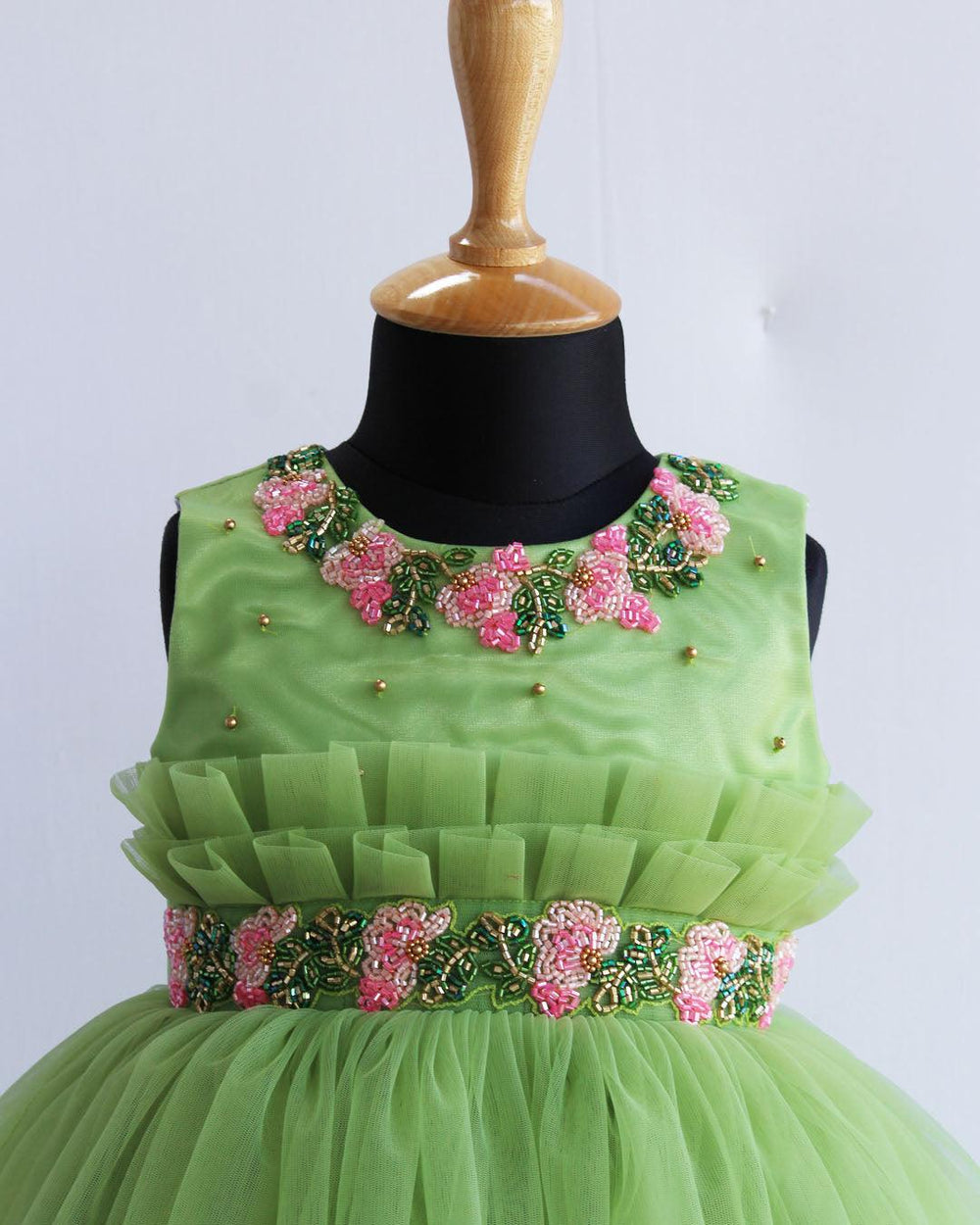 Pista Green Flower Handwork Pleated Partywear Frock