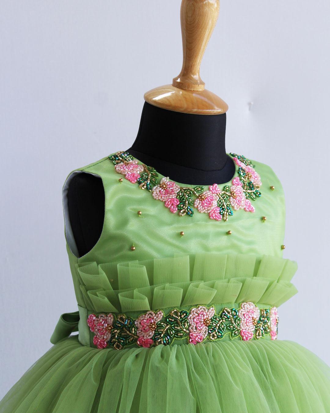 Pista Green Flower Handwork Pleated Partywear Frock