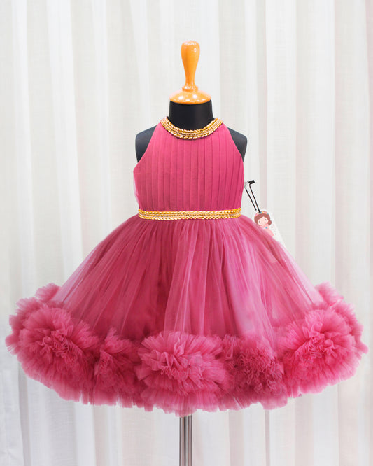 Blush pink pleated halter neck ruffled birthday frock for baby girl – Stanwells Kids