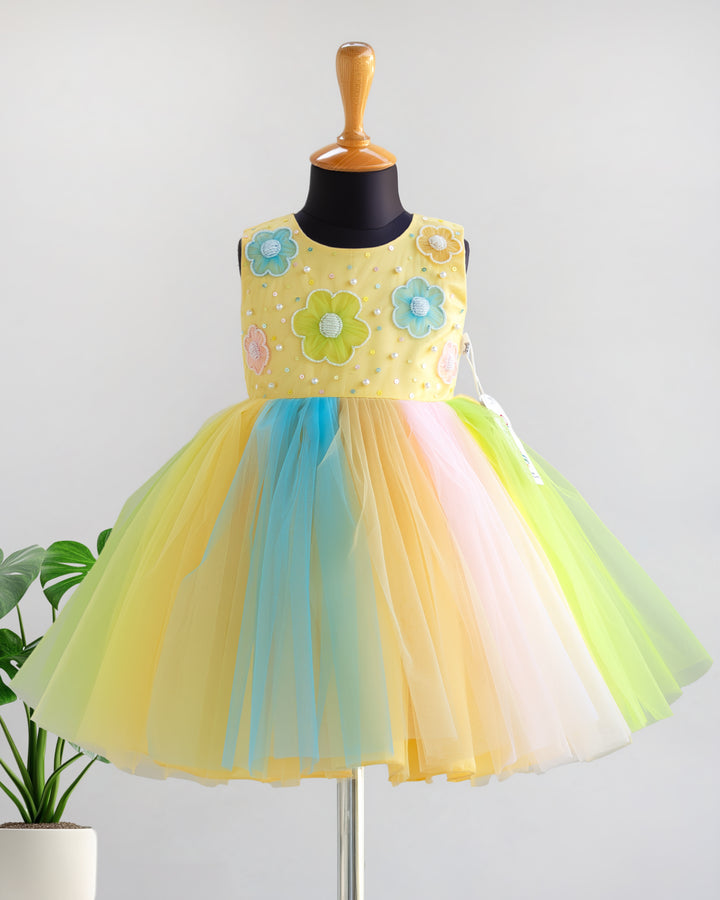 Baby yellow floral party wear frock full view – Stanwells Kids