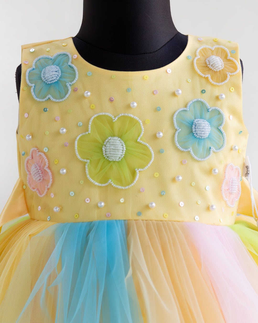Baby yellow floral frock yoke handwork detail – Stanwells Kids