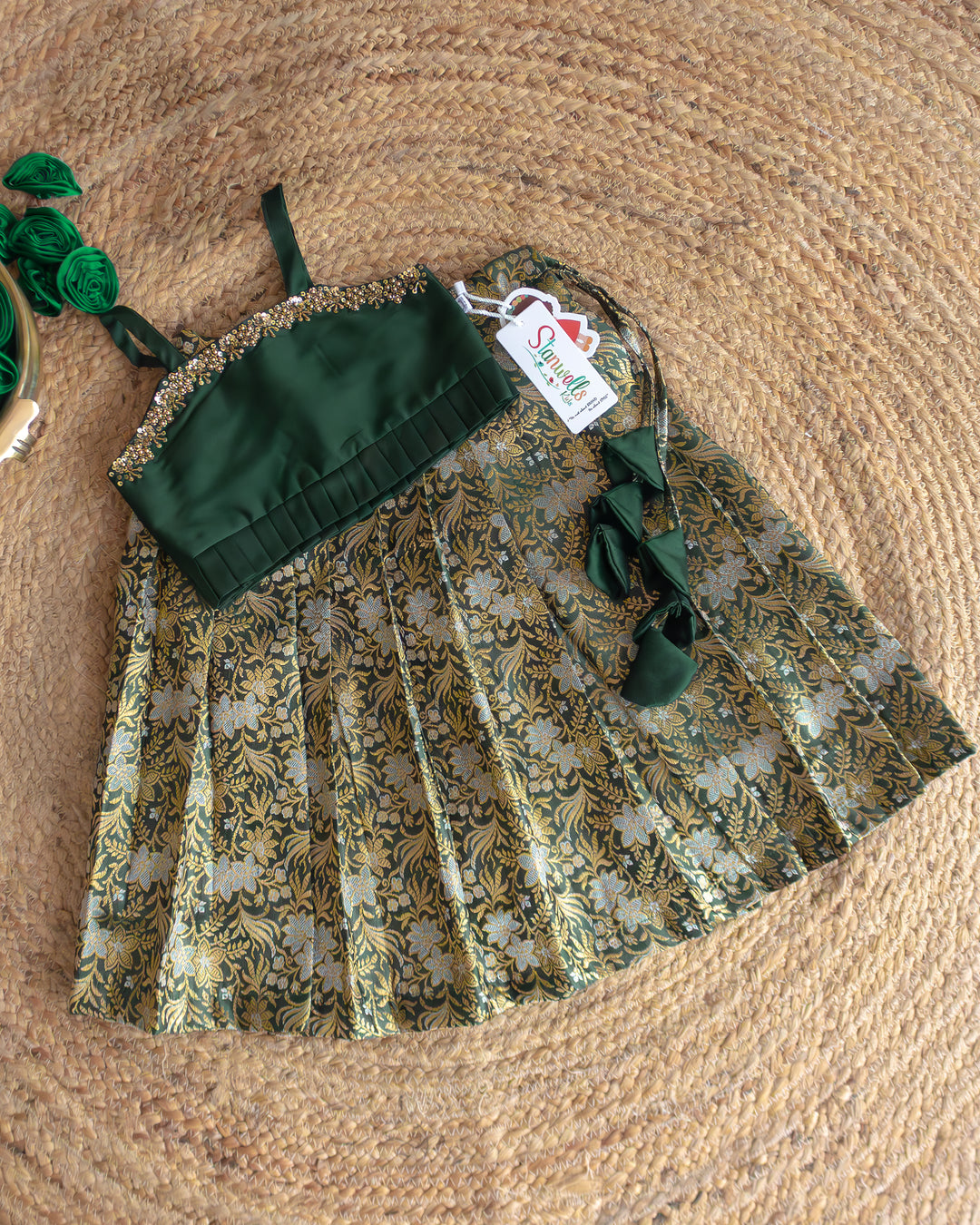 Stanwells Kids bottle green lehenga choli for girls Banarasi silk ethnic dress