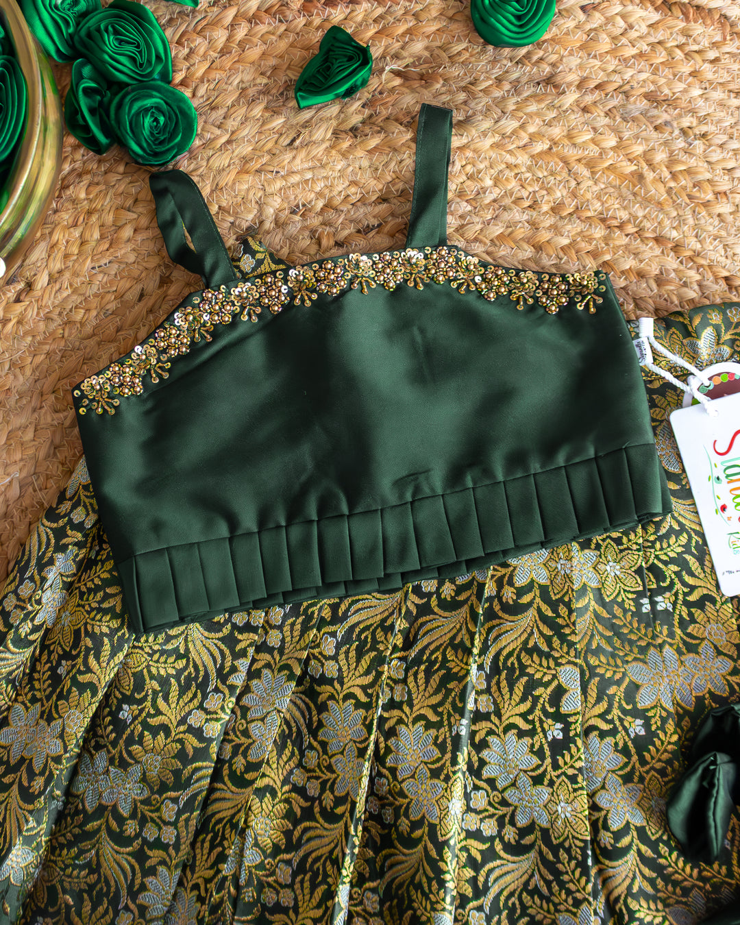 Stanwells Kids bottle green lehenga choli for girls Banarasi silk ethnic dress
