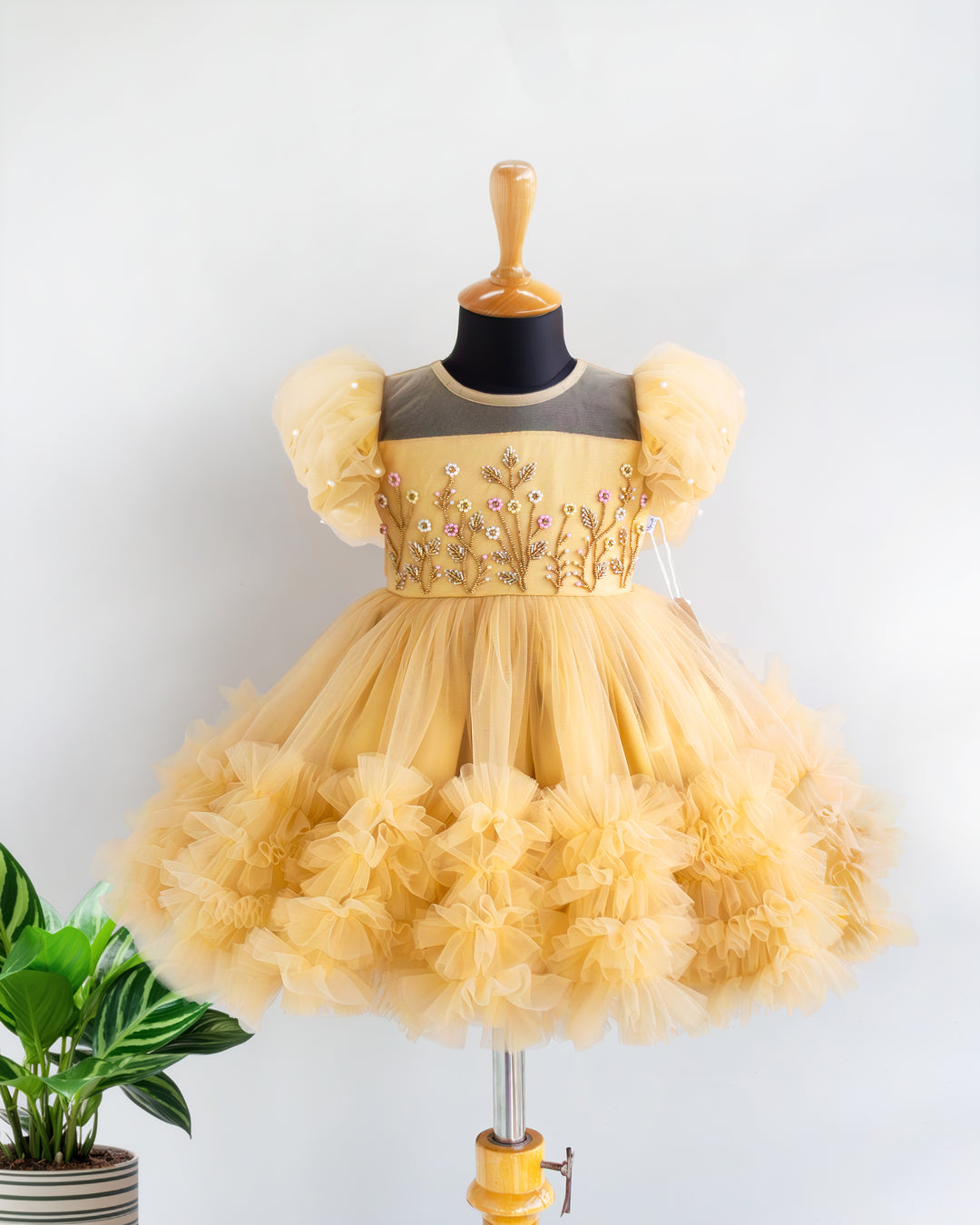 Stanwells Kids golden party wear ruffles frock for girls handwork dress