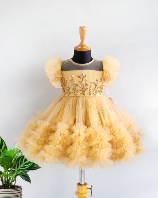 Stanwells Kids golden party wear ruffles frock for girls handwork dress
