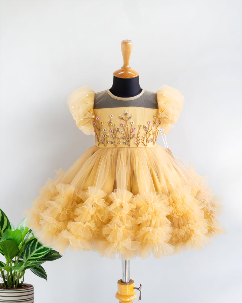 Party Wear Ruffles Frock for Girls Golden – Heavy Handwork Dress