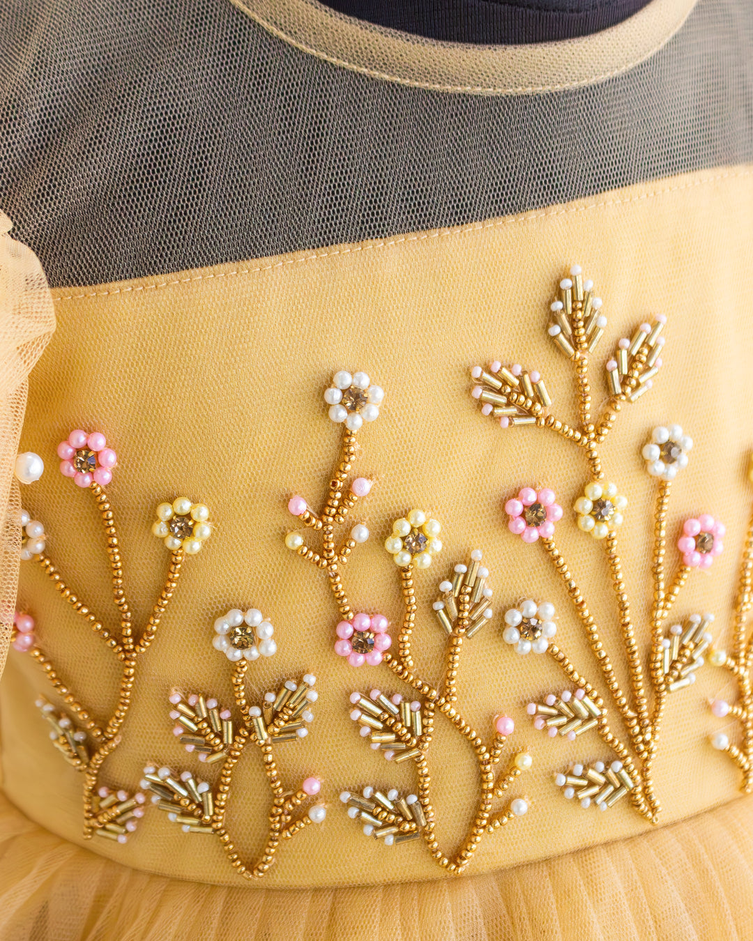 Party Wear Ruffles Frock for Girls Golden – Heavy Handwork Dress-Sample