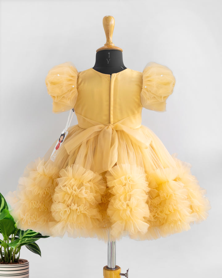 Stanwells Kids golden party wear ruffles frock for girls handwork dress
