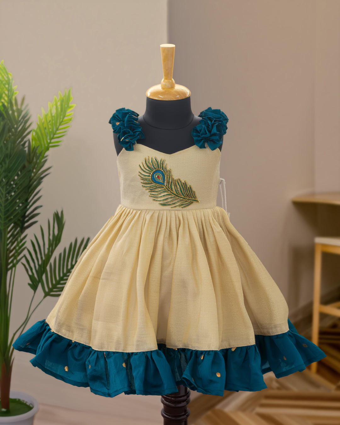 Stanwells Kids Kerala frock for girls cream teal blue peacock Onam dress