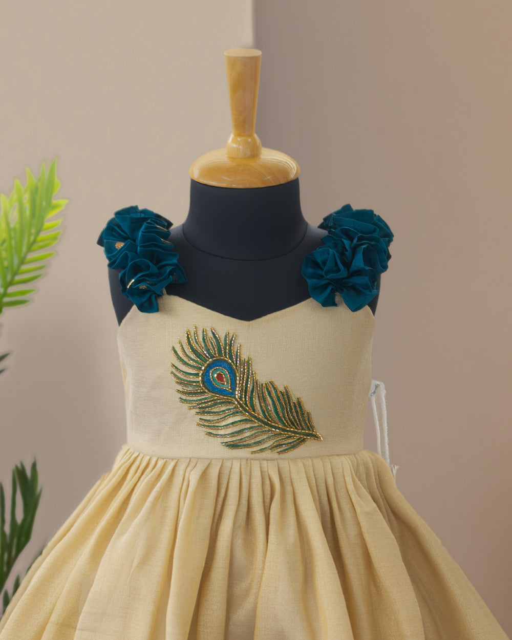 Stanwells Kids Kerala frock for girls cream teal blue peacock Onam dress
