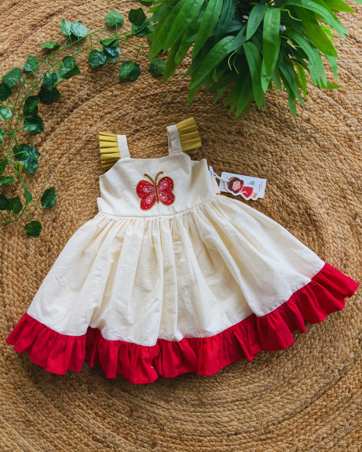 Stanwells Kids Kerala Kasavu frock for girls cream butterfly Onam dress