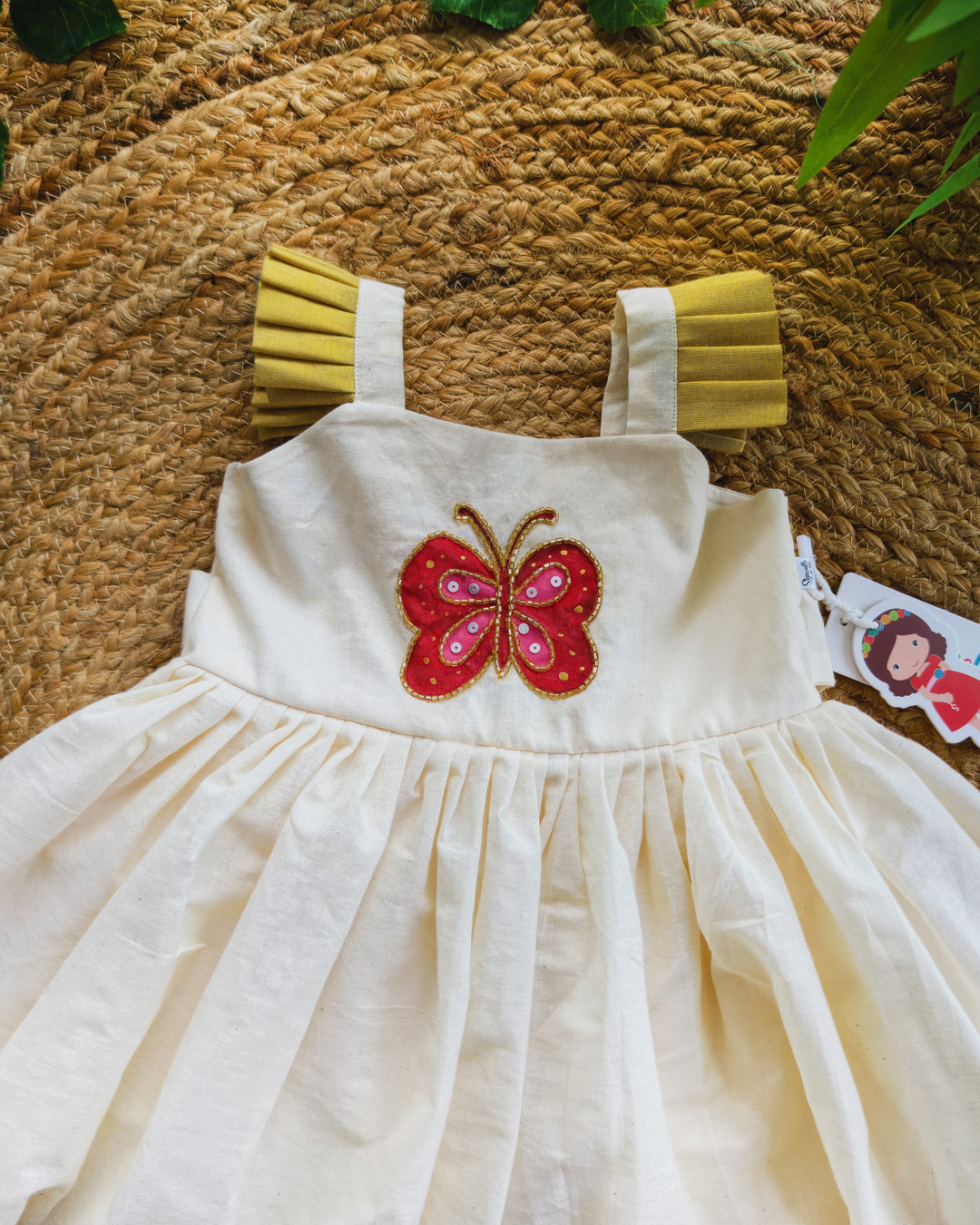 Stanwells Kids Kerala Kasavu frock for girls cream butterfly Onam dress
