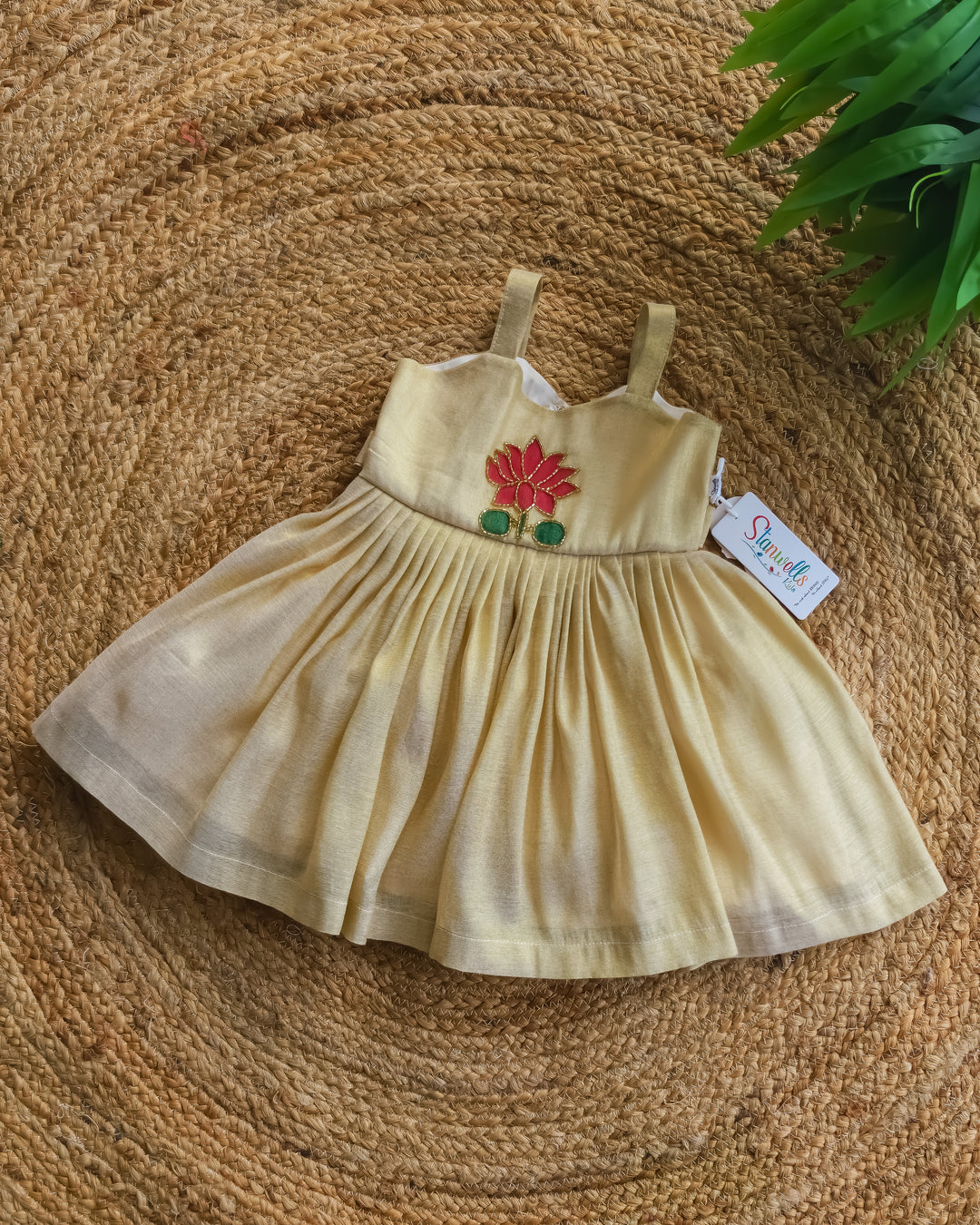 Stanwells Kids Kerala Kasavu frock for girls golden lotus Onam dress
