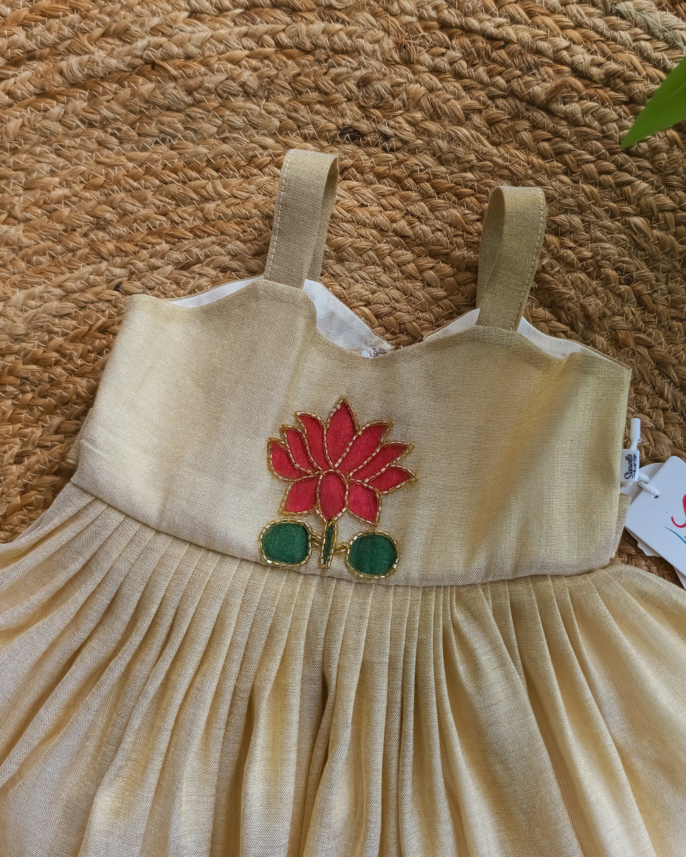 Stanwells Kids Kerala Kasavu frock for girls golden lotus Onam dress