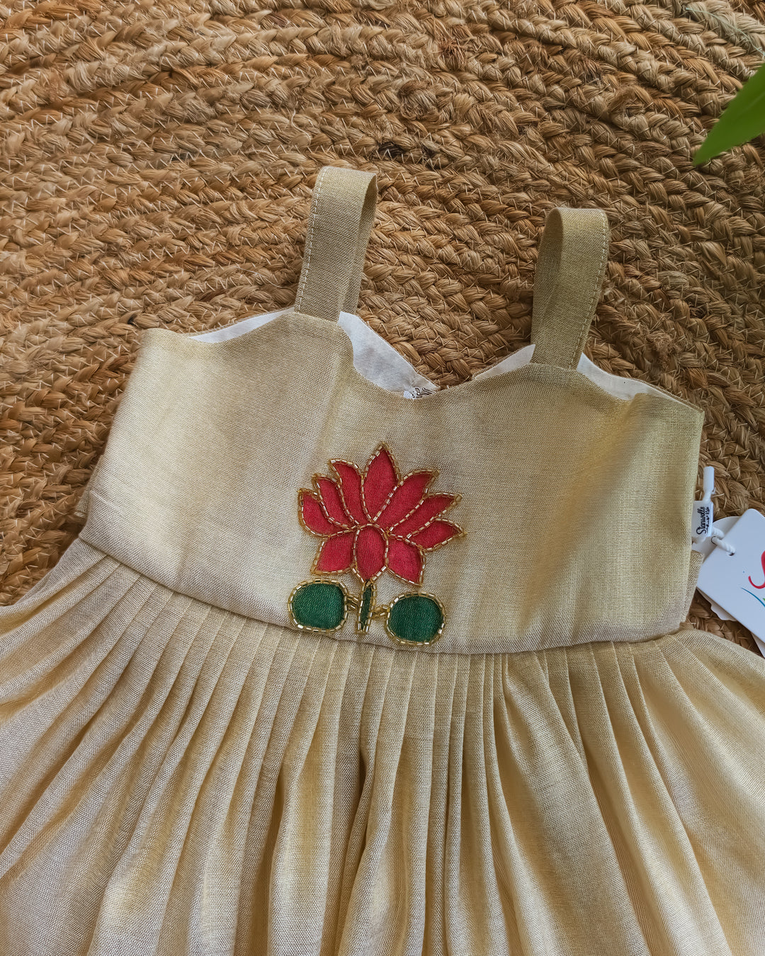 Stanwells Kids Kerala Kasavu frock for girls golden lotus Onam dress