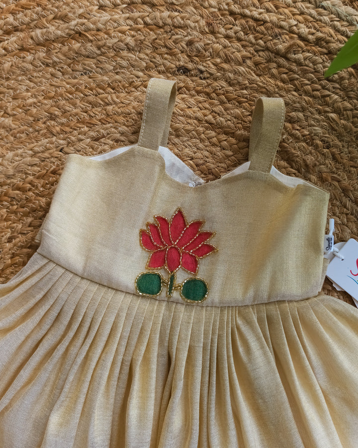 Stanwells Kids Kerala Kasavu frock for girls golden lotus Onam dress