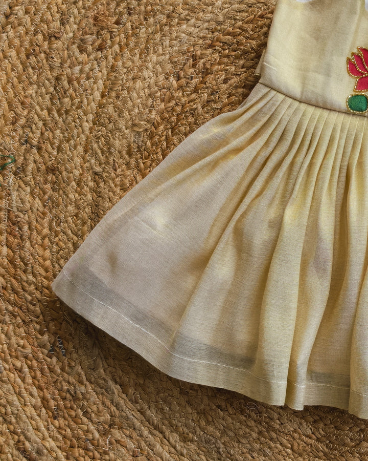 Stanwells Kids Kerala Kasavu frock for girls golden lotus Onam dress