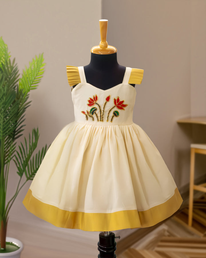 Stanwells Kids Kerala Kasavu frock for girls cream golden Onam traditional dress